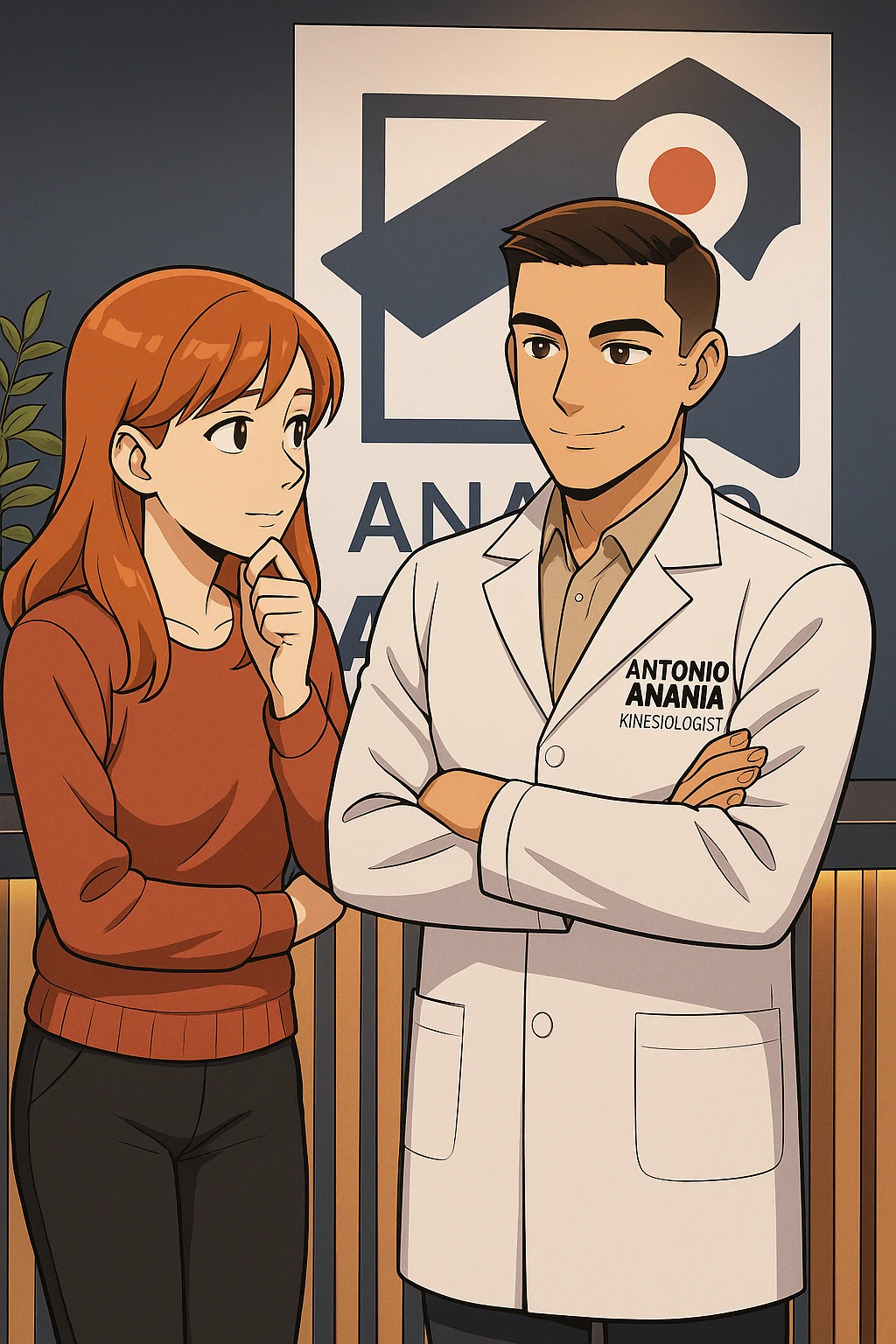 su questo stile fai un manga/webtoon a colori in cui una donna SI TOCCA IL MENTO CON L'INDICE MENTRE ASCOLTA PENSIEROSA L'UOMO, l'uomo della foto in stile manga LE SPIEGA CHE DEVE PROVARE LA SUA VALUTAZIONE MEDICA, mantieni un ambiente simile alla foto che ho allegato con il suo logo (sarebbe il suo studio, lui è un kinesiologo), scrivigli "ANTONIO ANANIA" sul camice bianco, non mettere fumetti, ma fai in modo che sembri che la donna ASCOLTI l'uomo emoji