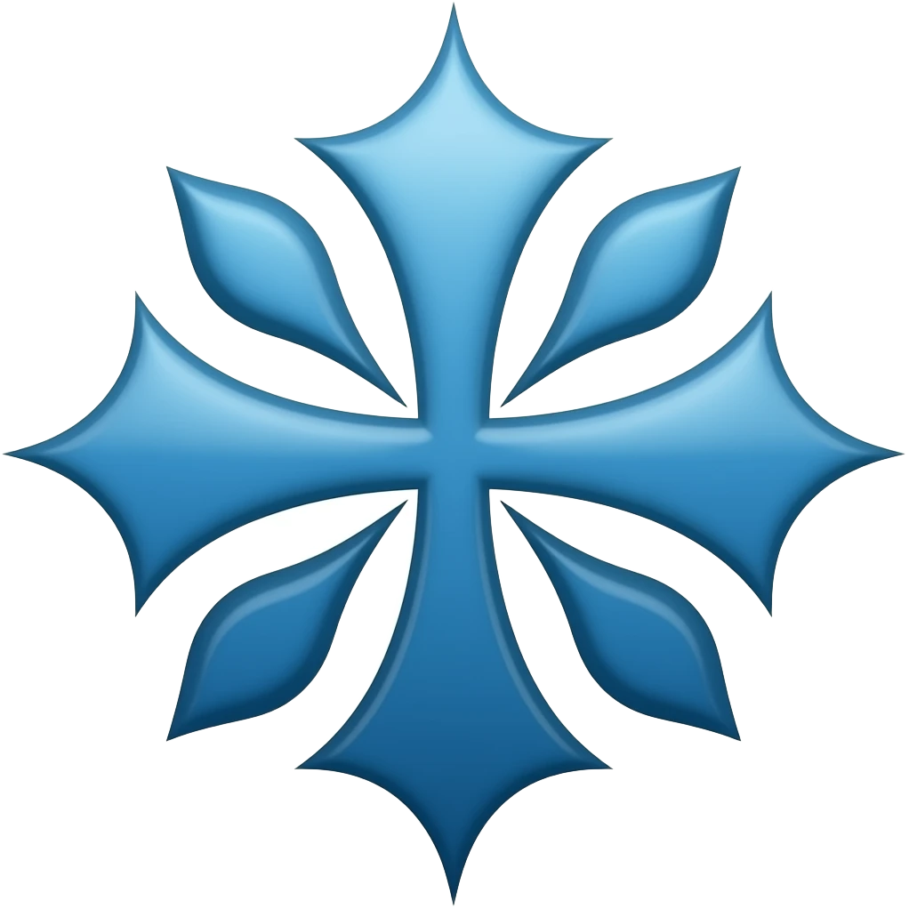 Cruz azul latina estilizada (Cada extremo termina en una punta aguda central, acompañada por dos curvas laterales simétricas que crean un perfil de cuatro lóbulos suaves, perfectamente centrada y alineada. emoji