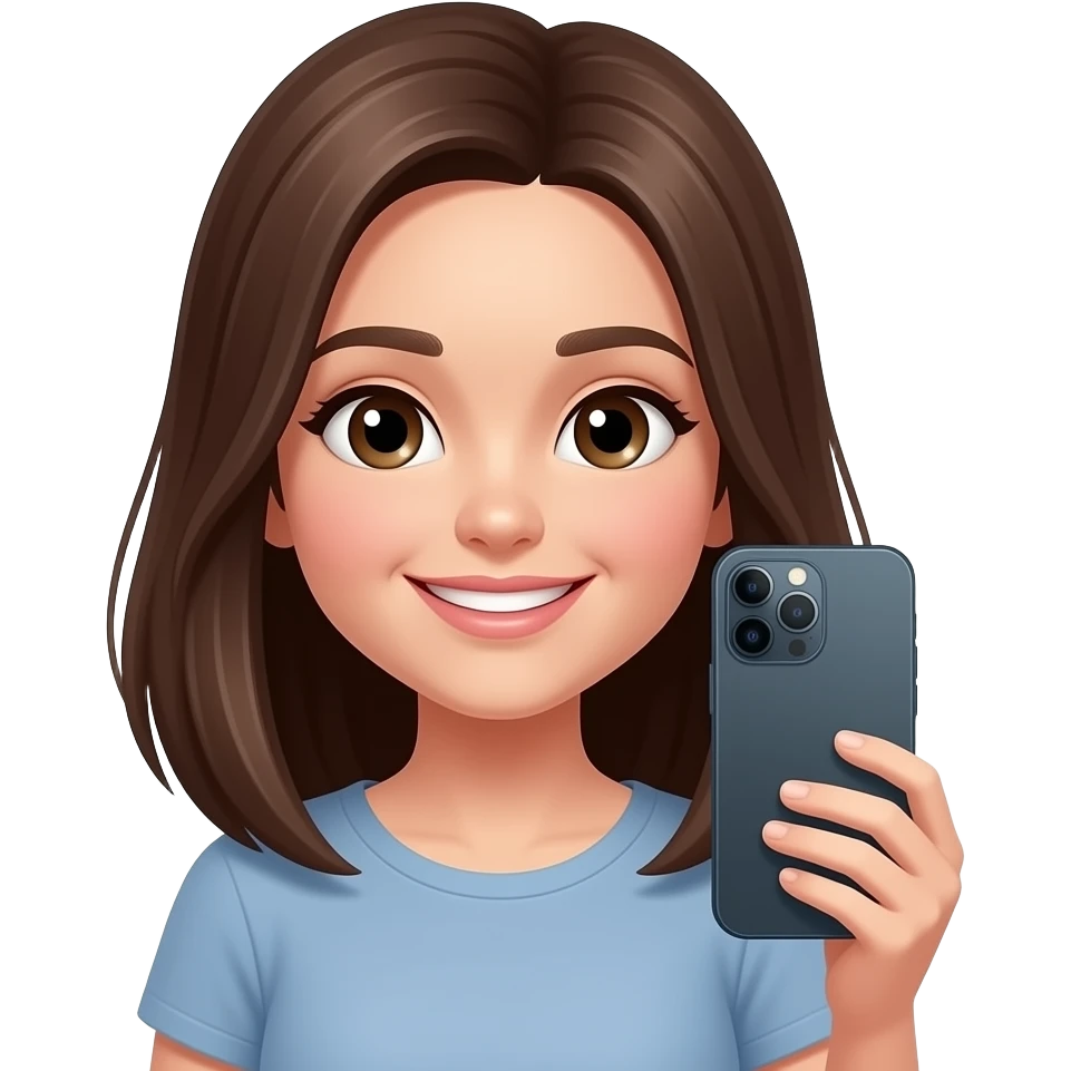 Chica morocha, pelo por los hombros lacio, sonriendo natural y celular iphone con tres camaras emoji
