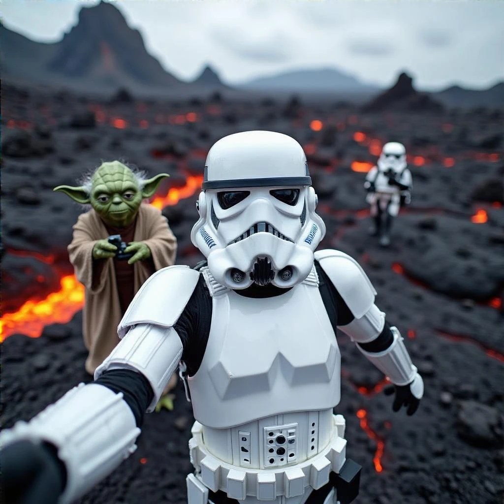 Camera POV, Starwars stormtroopers vlogging selfie, he is walking on lava planet with yoda emoji