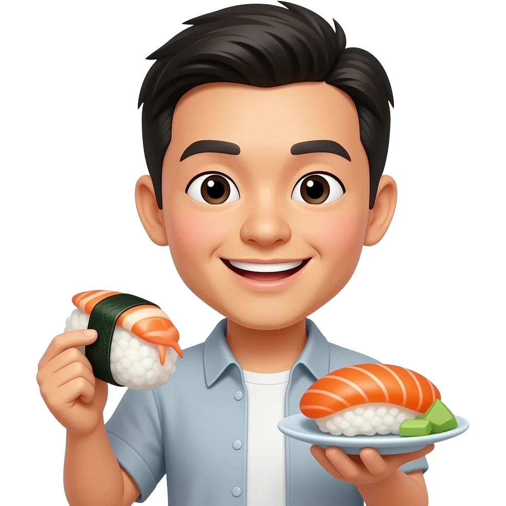 stereotypical asian person holding sushi emoji