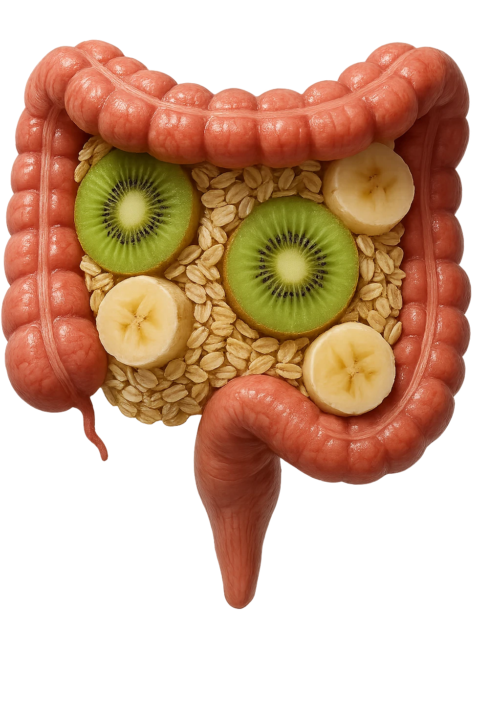 avena, kiwi e banana all'interno di un colon umano anatomico realistico, iperrealistico 4k emoji