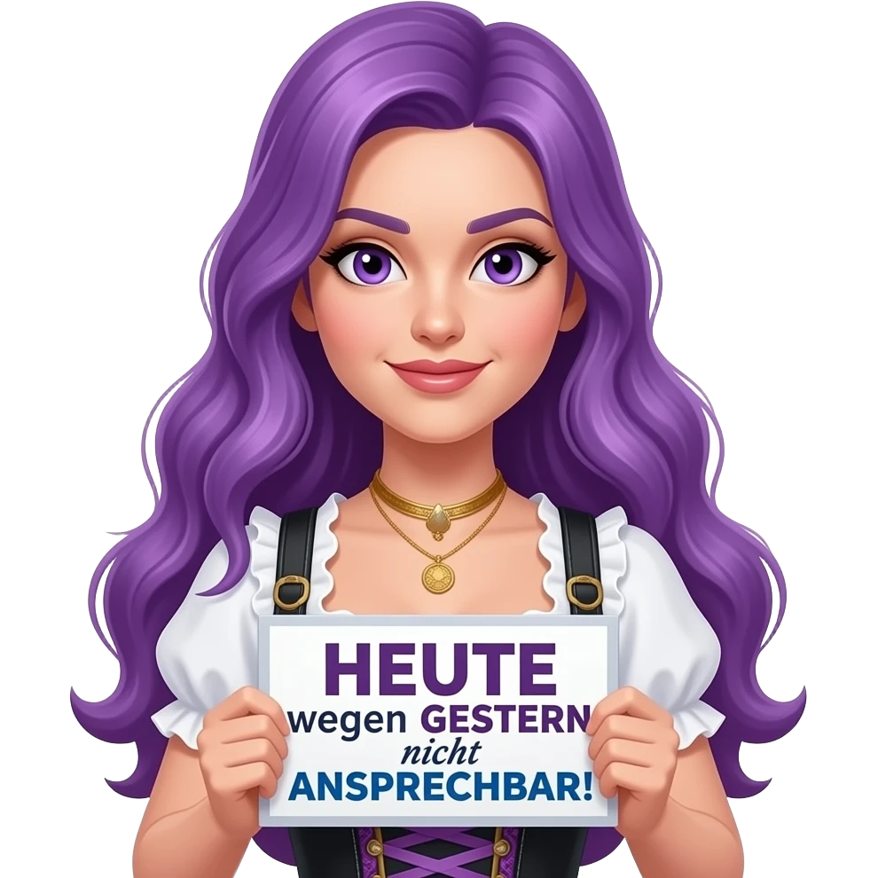 sexy girl with long purple hair and purple eyes wearing a dirndl holding a HEUTE wegen GESTERN nicht ANSPRECHBAR! sign emoji