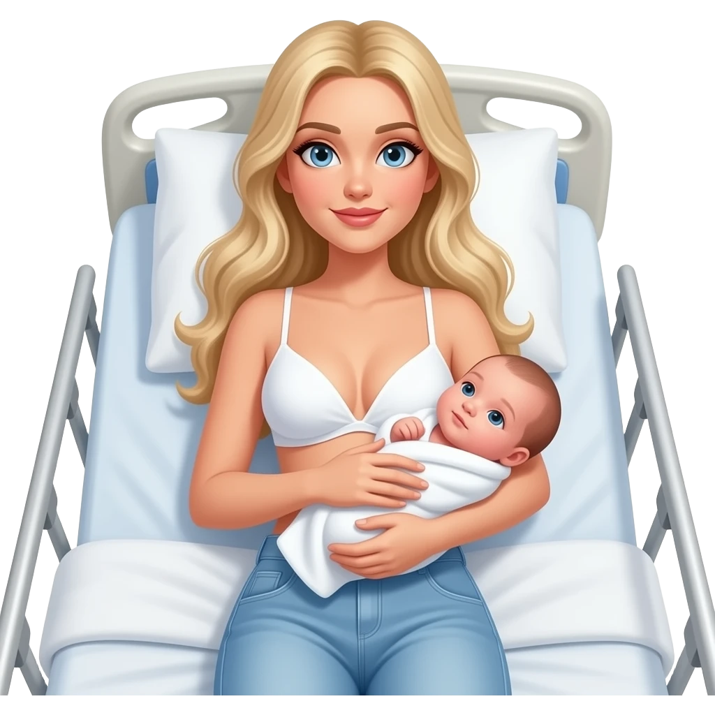 in hospital bed Woman with long blonde hair, and light blue eyes, wearing white bra and light blue baggy jeans with skinny body, holding newborn girl emoji