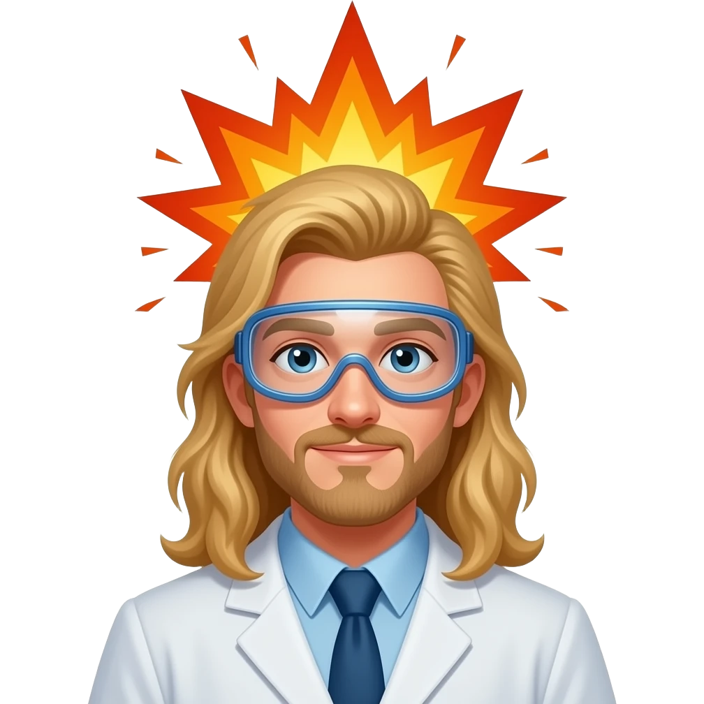 remove facial hair male scientist with long blond hair wearing googles experiencing a flask explosion by his head emoji