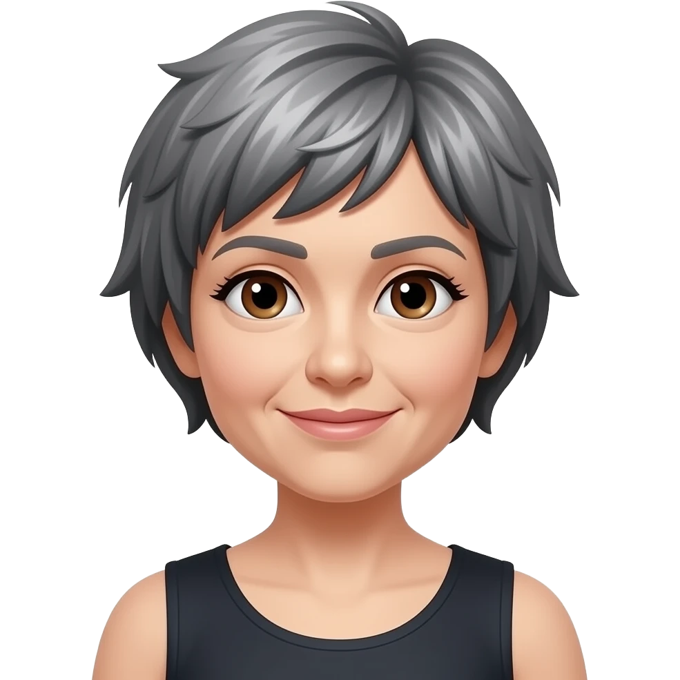 woman 50 years old, short grey and blackfluffy cut hair pixie cut, white skin and brown eyes emoji
