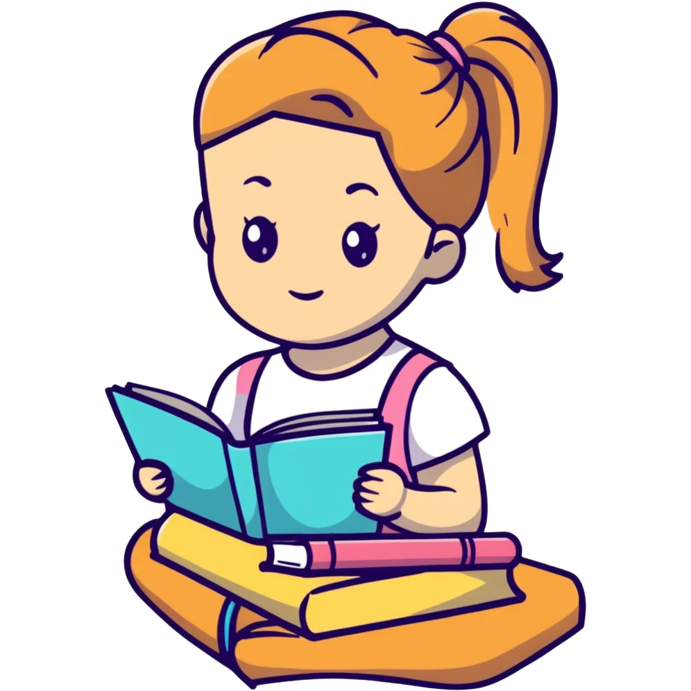 Cute girl with ponytail reading from an open notebook emoji