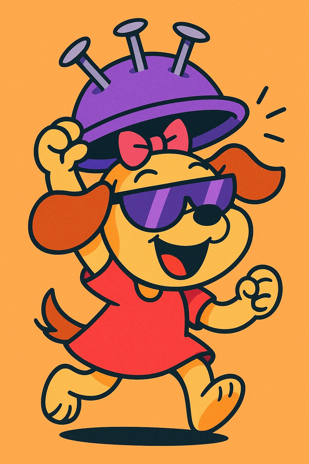 cartoon puppy girl lifting a nail hat, wearing half purple sunglasses, cheerful and energetic, fun and expressive style emoji