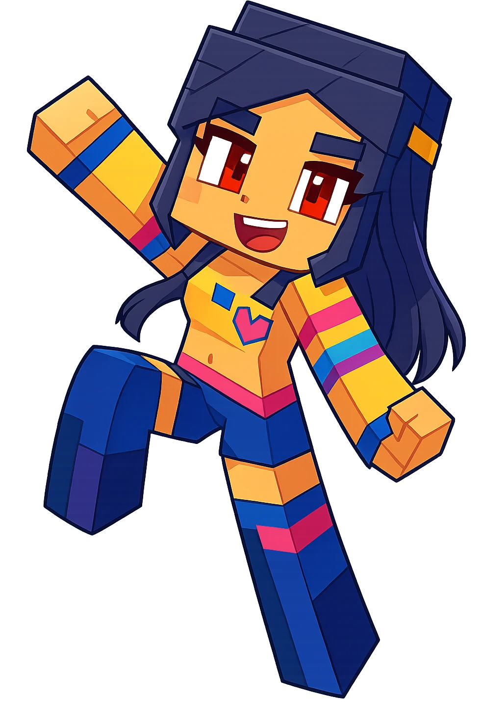 Extract the middle character with dark hair and yellow and blue outfit from the image, fully visible and separate, preserving the original Minecraft cartoon style and appearance, with a transparent background. emoji