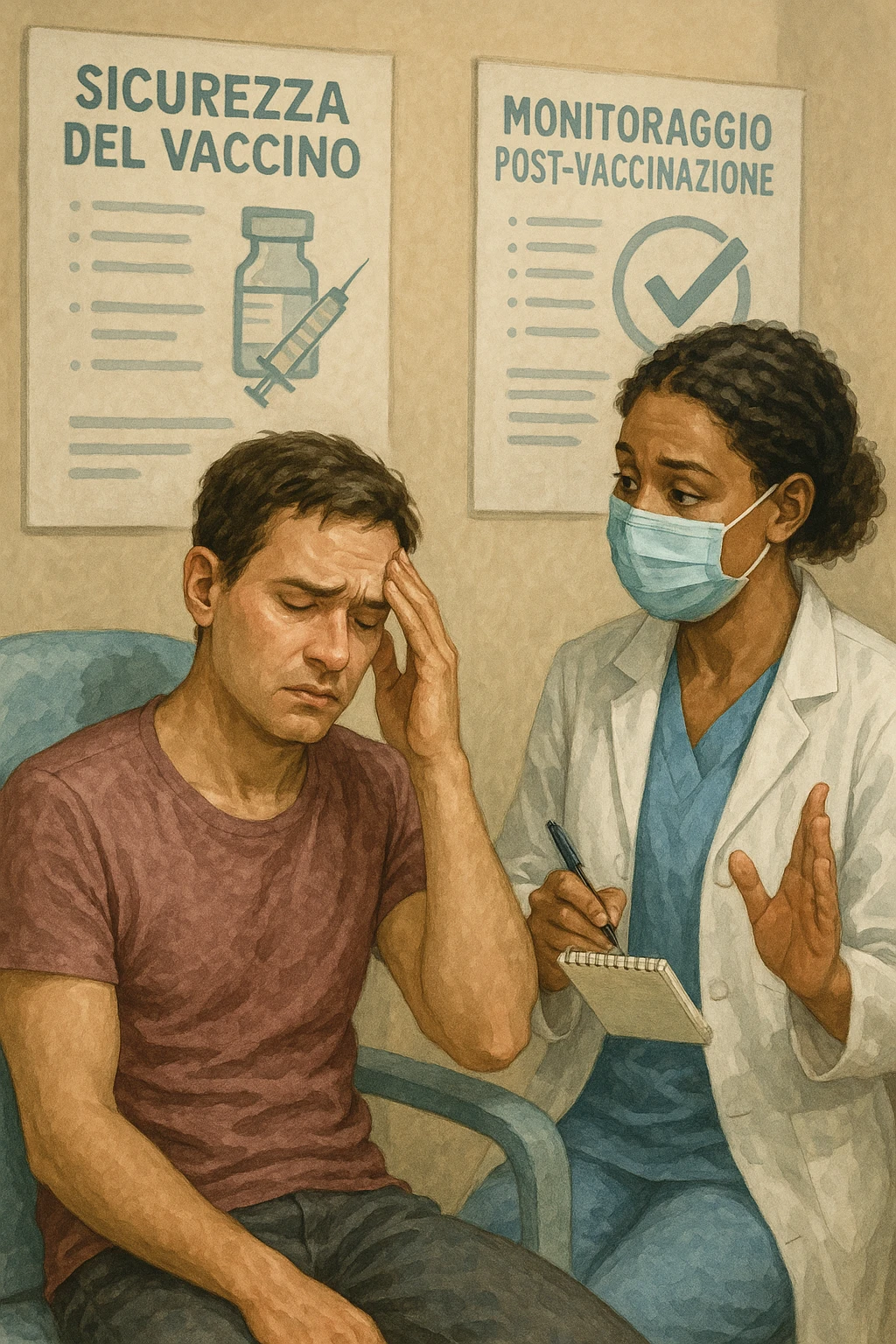 Vertical, educational medical illustration: a healthcare professional observes a patient who appears unwell after receiving a vaccine. The patient sits in a clinic chair, showing mild symptoms such as fatigue or headache, while the professional takes notes and offers reassurance. The background includes educational posters about vaccine safety and monitoring. realistica in italiano emoji