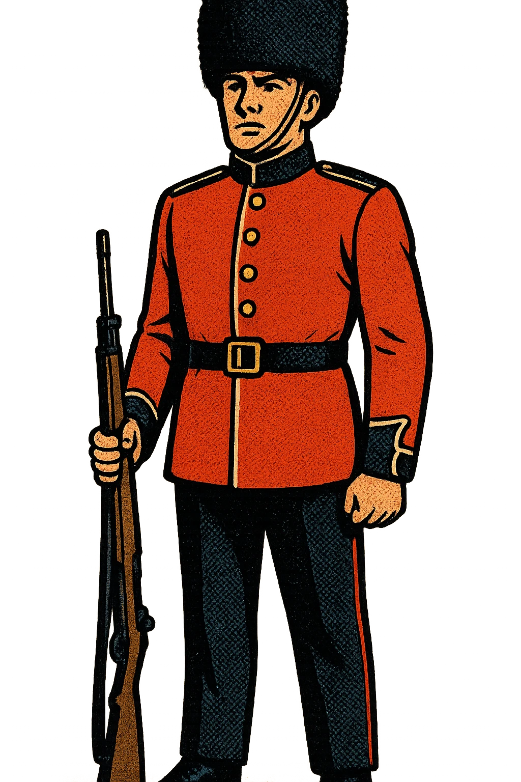 The full body of a British soldier standing up straight with his rifle by his side. The soldier is facing forward looking brave emoji