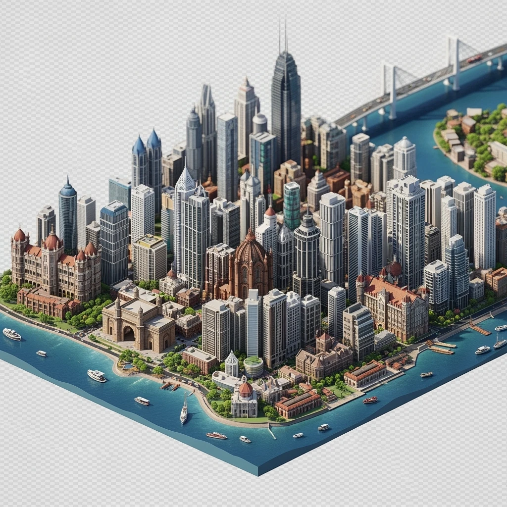 Isometric miniature of Mumbai city, featuring iconic landmarks like Gateway of India, Bandra-Worli Sea Link, Chhatrapati Shivaji Terminus,  clustered high-rises and skyscrapers, 3D miniature effect and Tilt Shift effect, no cartoonish look, transparent background. emoji