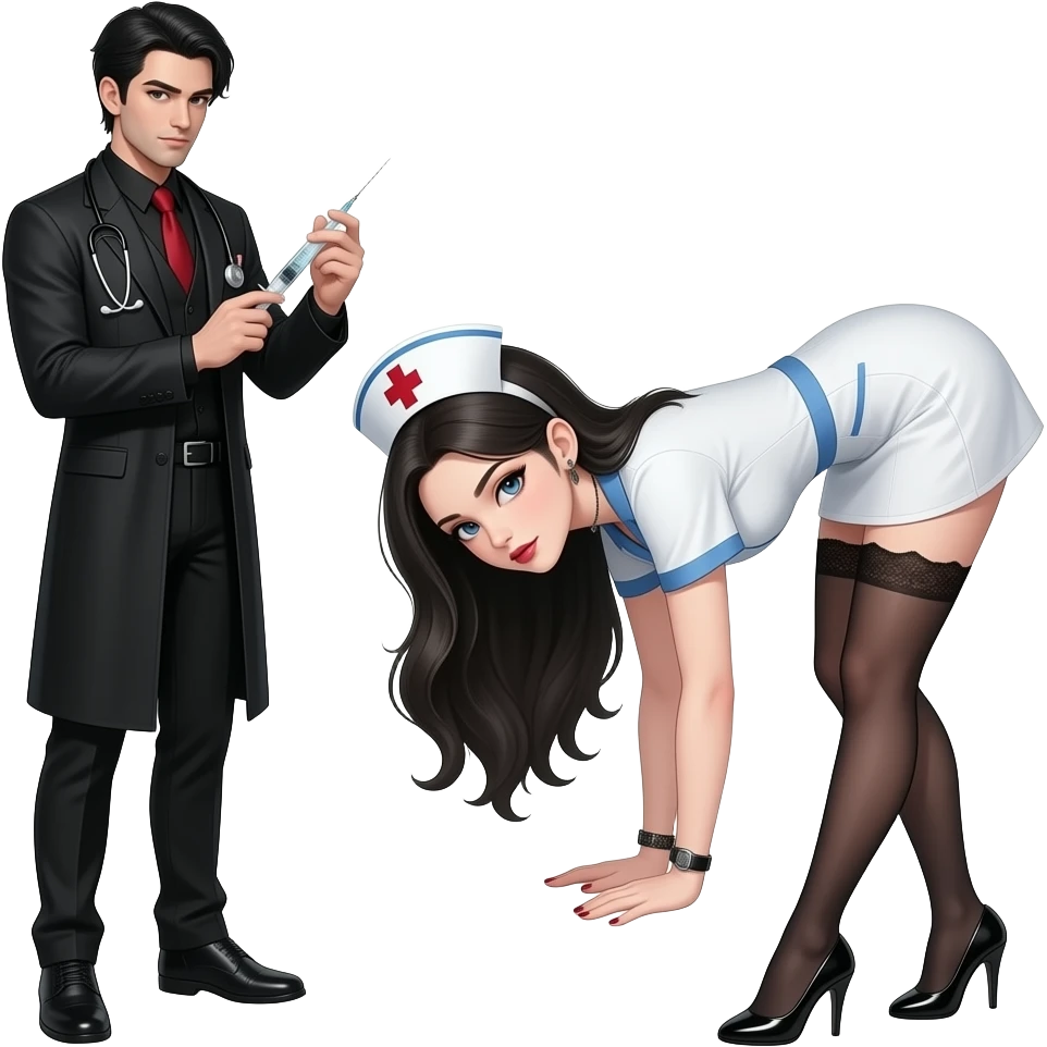 Sexy  gothic male doctor injecting a sexy gothic female nurse bent over with syringe emoji