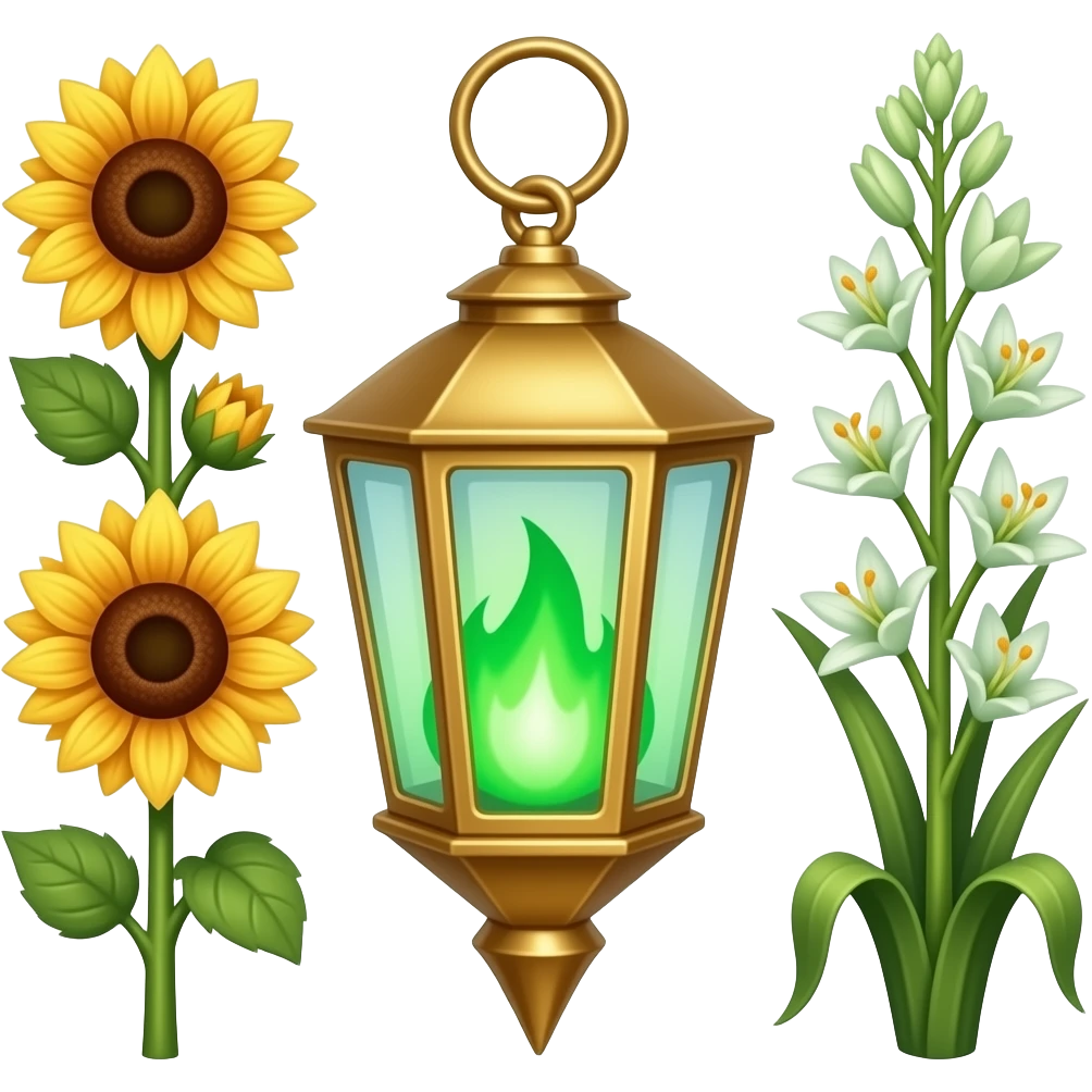 A golden hanging lantern with a bright emerald flames, an empty loop on top, fae themed sunflowers on the left and fully bloomed asphodels on the right as part of the design, but simple focus more on the green flames, paint the glass more green, have its bottom point come to some sort of point emoji