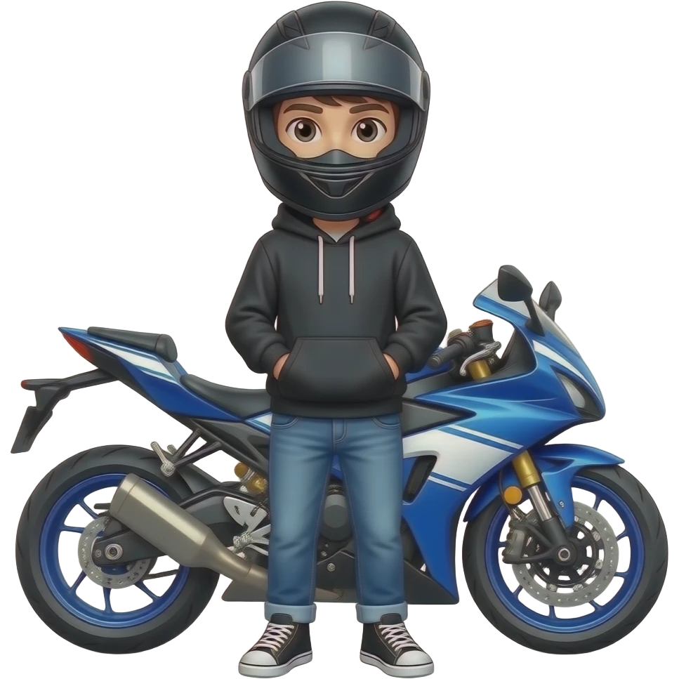 young man with blue jeans and a black hoodie wearing a black motorcycle helmet, it covers his face completely and in front of him is standing a blue white motorcycle emoji