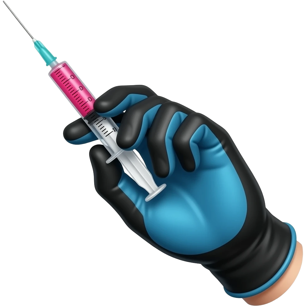 A gloved dainty male hand holding a syringe with glowing neon-red liquid inside. The glove is black but is cobalt-blue on the palm Side emoji