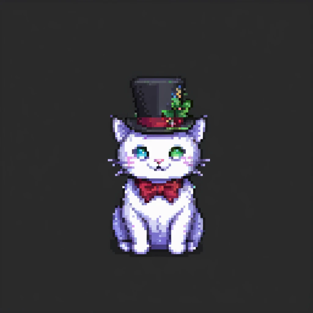 pixel art cat with a small top hat, simple background, minimalistic and clear emoji