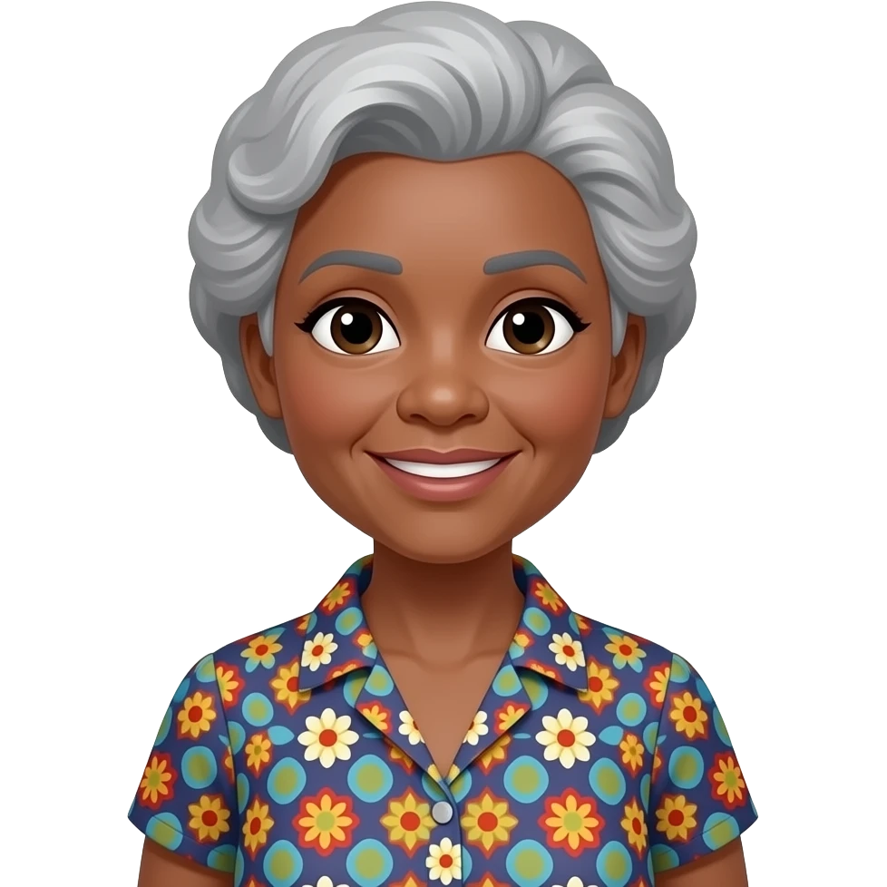 female, early 60s, round face, african decent, colourful blowse top, gey hair emoji