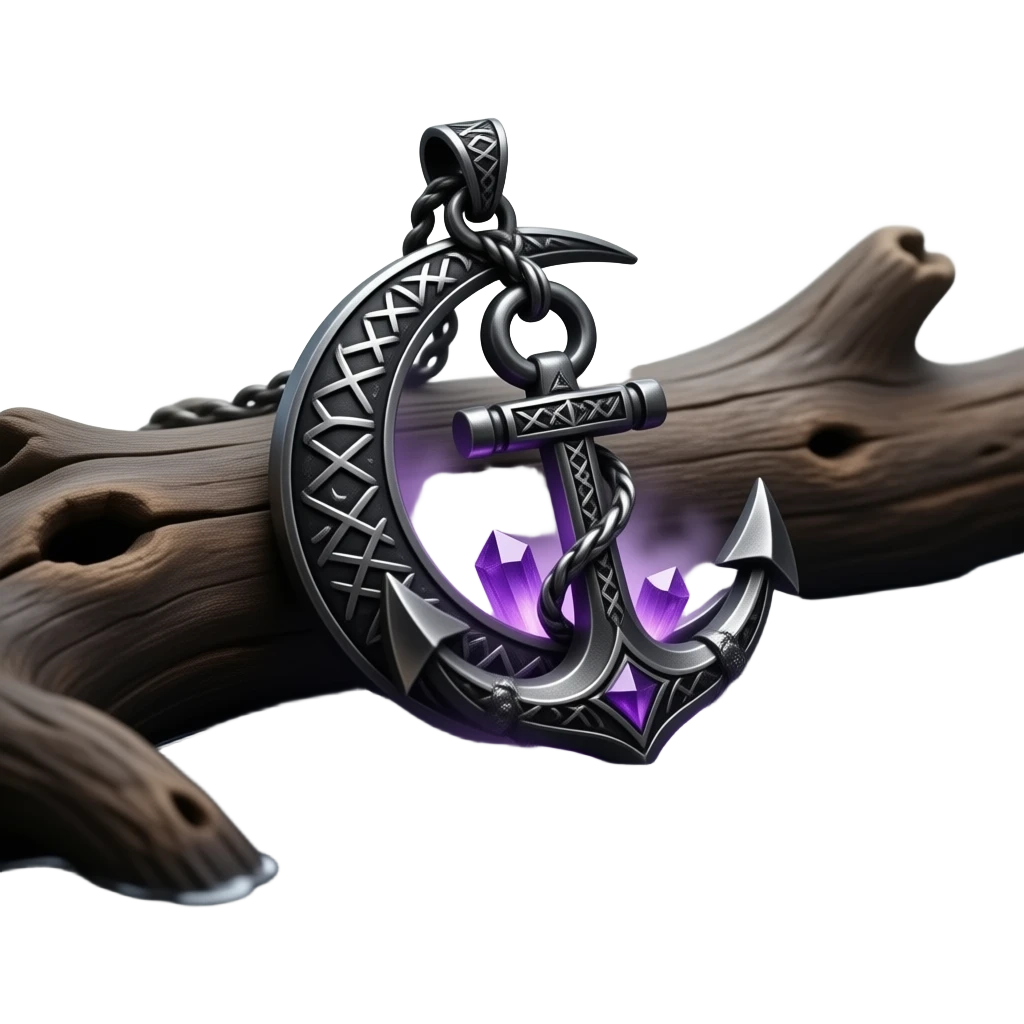 „blackened crescent‑moon and anchor pendant fused together, intricate runic engravings, deep violet inner glow, small purple crystals emitting mist, lying on weathered driftwood beside dark water, moonlight reflecting on metal, ethereal atmosphere, high detail, no characters“ emoji