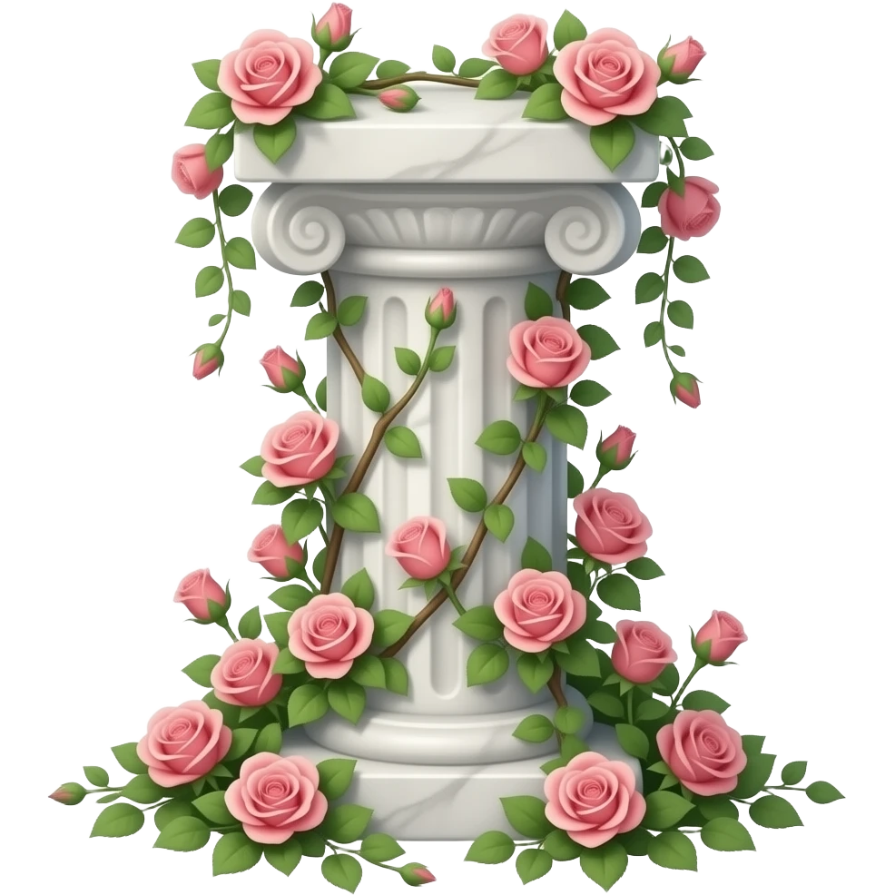 White tall marble pedestal with vines growing and gorgeous roses flowers beautiful romantic, transparent background emoji