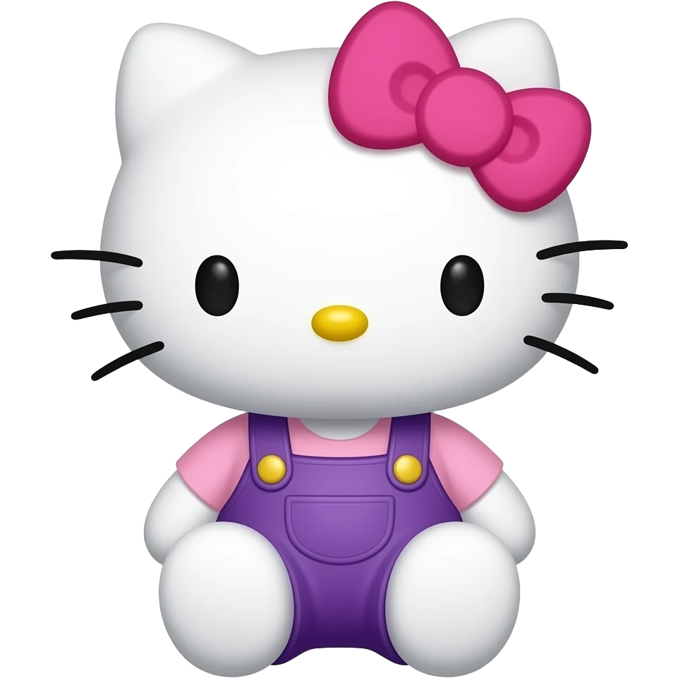 hello kitty sitting down wearing purple overalls and a pink shirt with a hot pink bow emoji