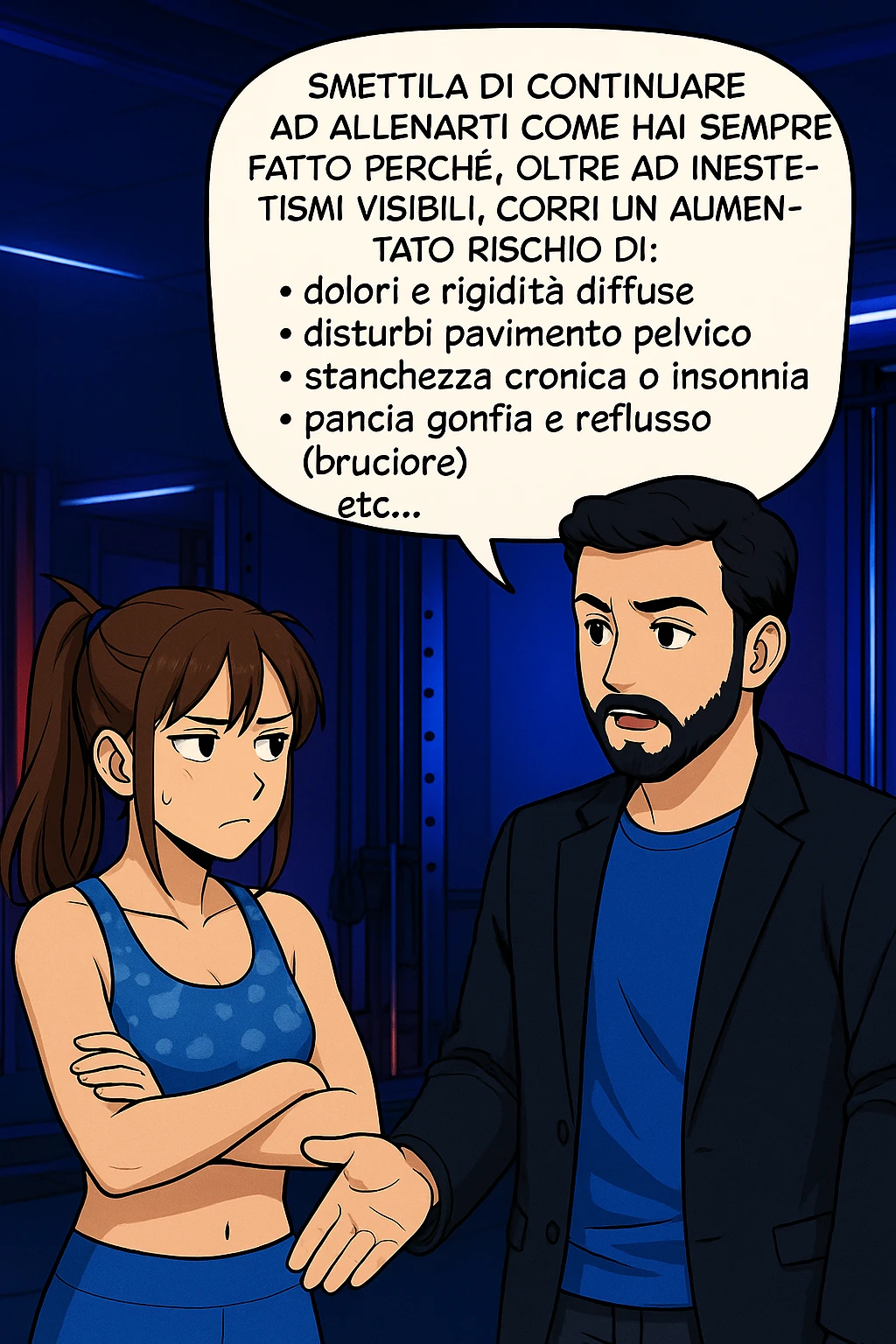 TRASFORMA QUESTO CAROSELLO IN UN FUMETTO STILE MANGA A COLORI CON QUESTE DUE PERSONE IDENTICHE CHE INTERLOQUISCONO TRA LORO:

LUI (UOMO): Smettila di continuare ad allenarti come hai sempre fatto perché, oltre ad inestetismi visibili, corri un aumentato rischio di:
    • dolori e rigidità diffuse
    • disturbi pavimento pelvico
    • stanchezza cronica o insonnia
    • pancia gonfia e reflusso (bruciore)
    • etc… emoji