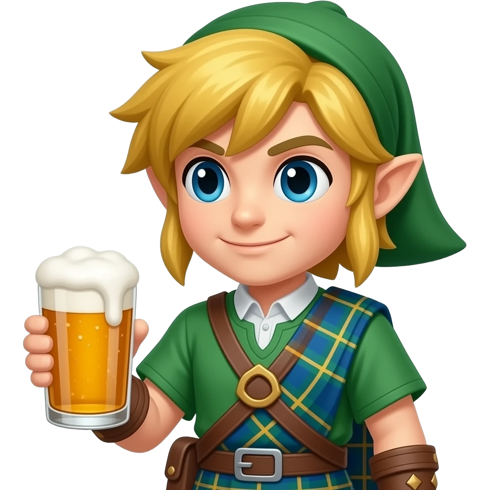 Scottish Link from Legends of Zelda, wearing a kilt, holding a beer emoji