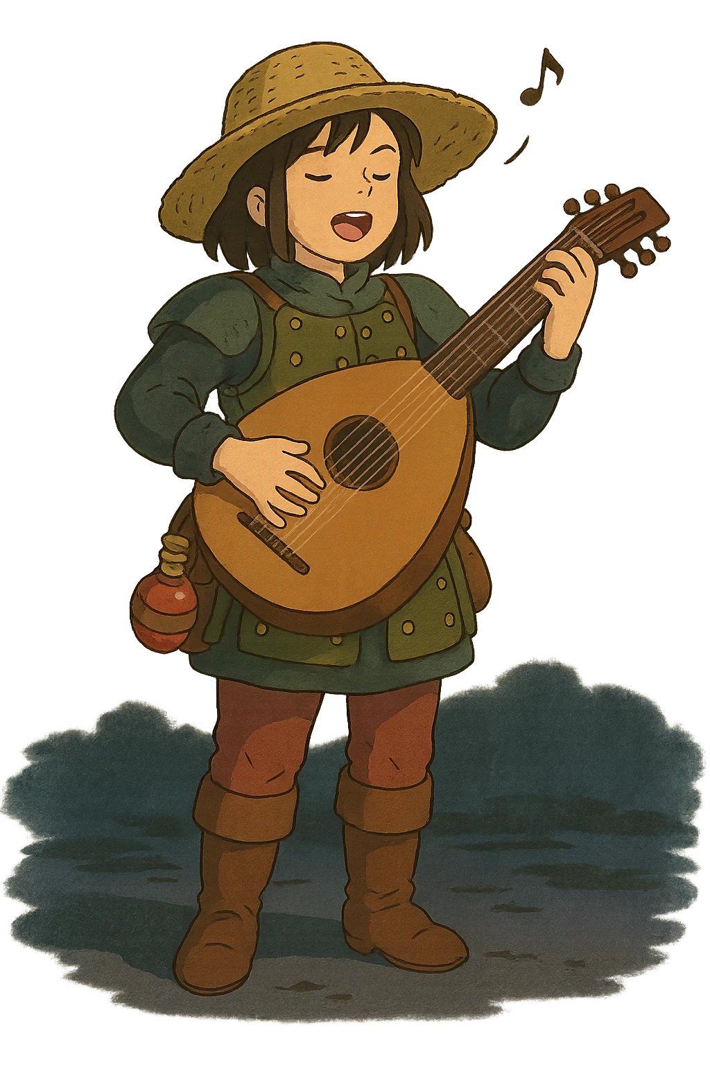 A female bard wearing brigandine armor with a sturdy straw hat, playing a fat lute and singing, night time shadows  , tool belt with red potion and bandages  emoji