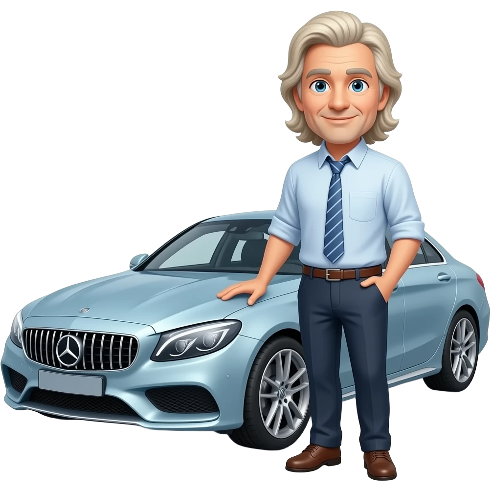 White guy long blond hair in his 50'sdressed nice and nice car emoji