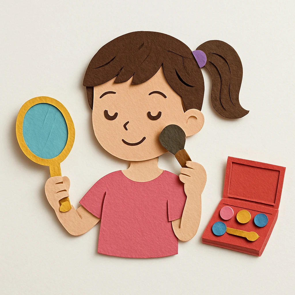 make a whole image with backgorund of a girl and her makeup kit emoji