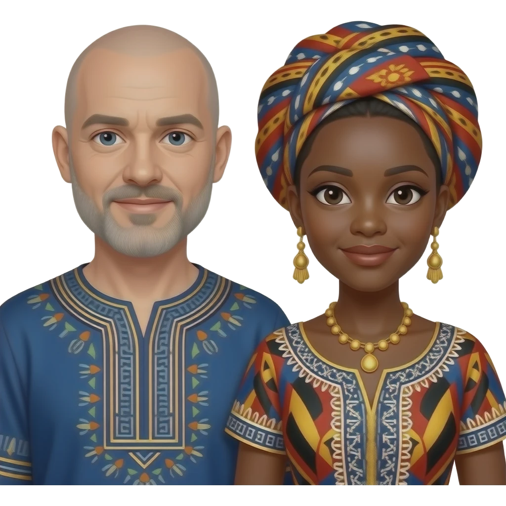 Completely bald White man with salt and pepper beard  marrying a black Nigerian women dressed in traditional gown emoji