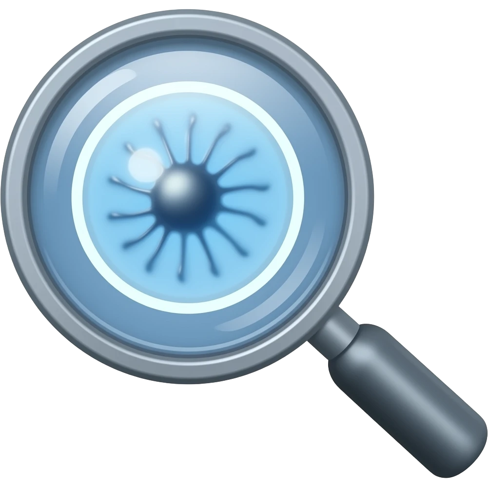 Minimalist flat icon of a digital magnifying glass scanning a stylized skin lesion. The screen of the magnifying glass highlights an anomalous pattern. Represents instant skin cancer screening, professional vector style, medical blue and white tones, clean background. emoji