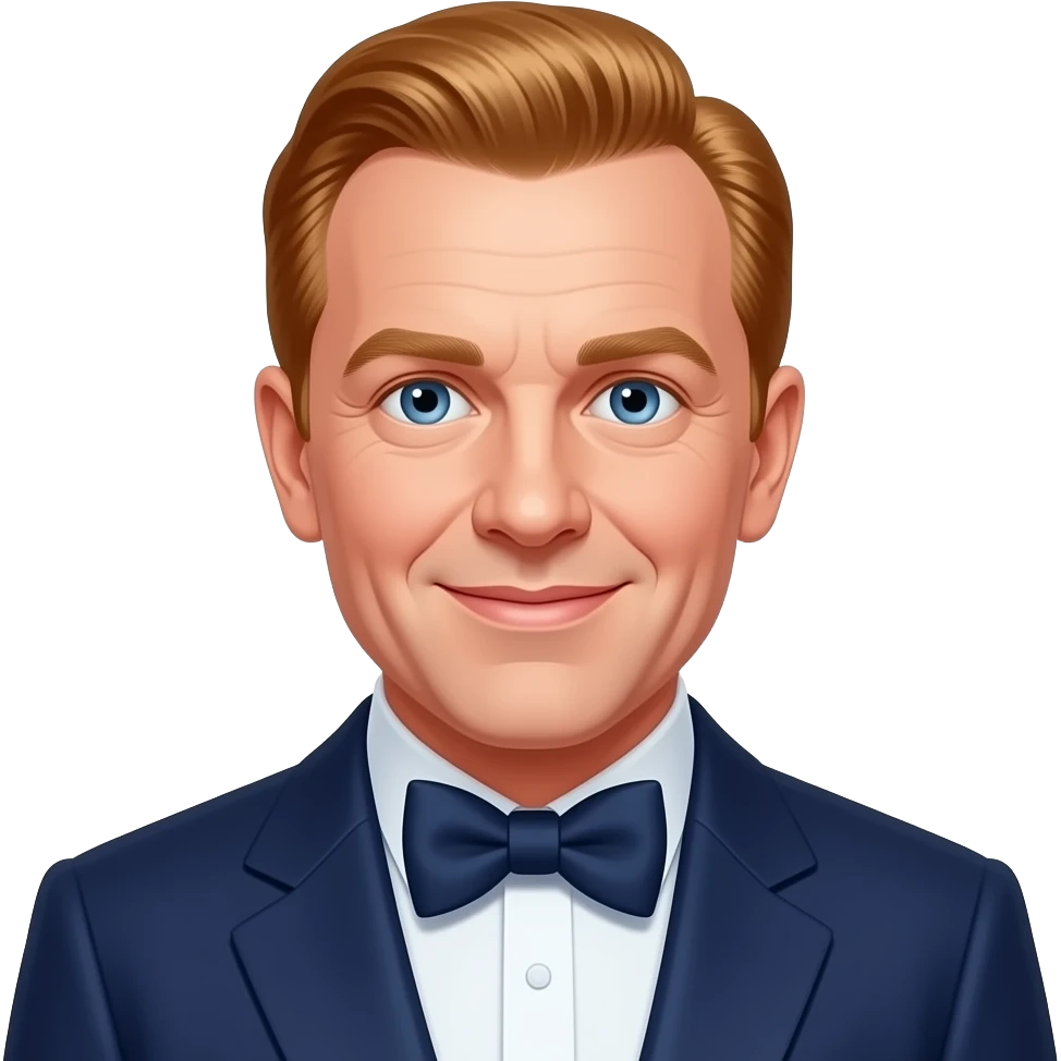 Mickey Rooney with blue eyes, reddish blonde hair, navy blue oscars suit with bow tie emoji