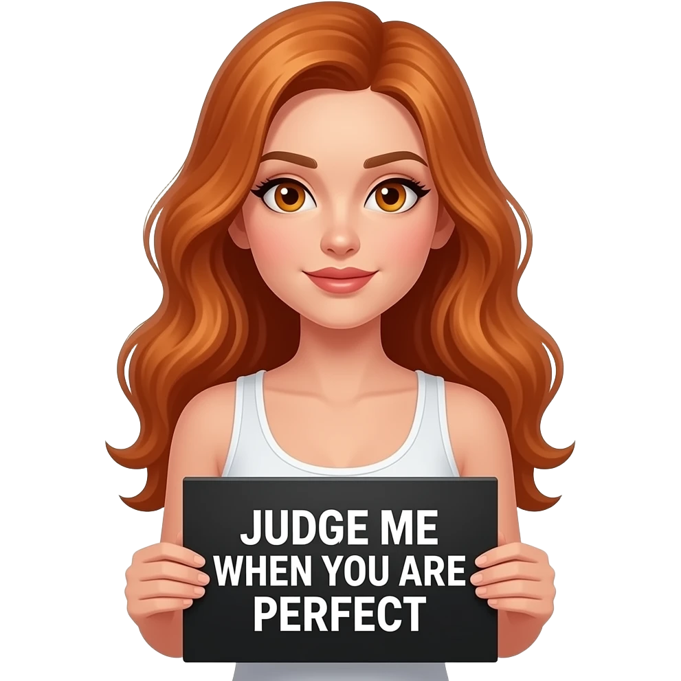 sexy girl with long wavy ginger hair and ginger eyes wearing a white tanktop is holding a black colored sign with JUDGE ME when YOU ARE PERFECT written on it emoji