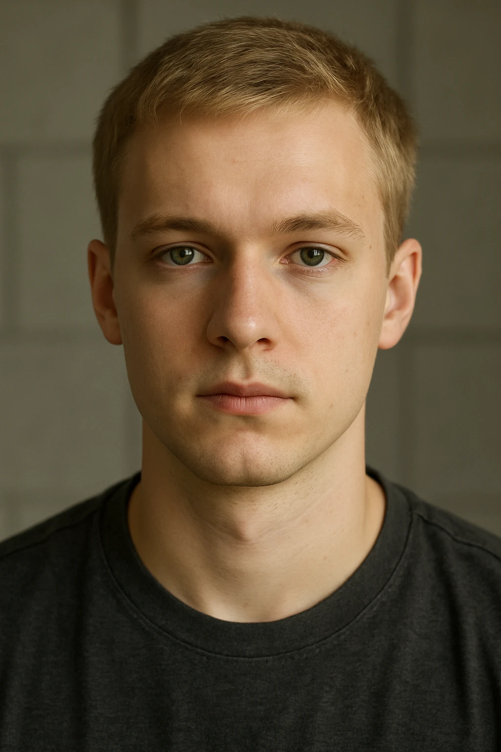 young man with short blond hair and green eyes, neutral expression emoji