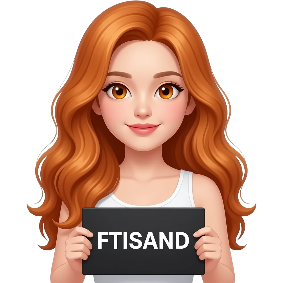sexy girl with long wavy ginger hair and ginger eyes wearing a white tanktop is holding a black colored sign with FTISLAND written on it emoji