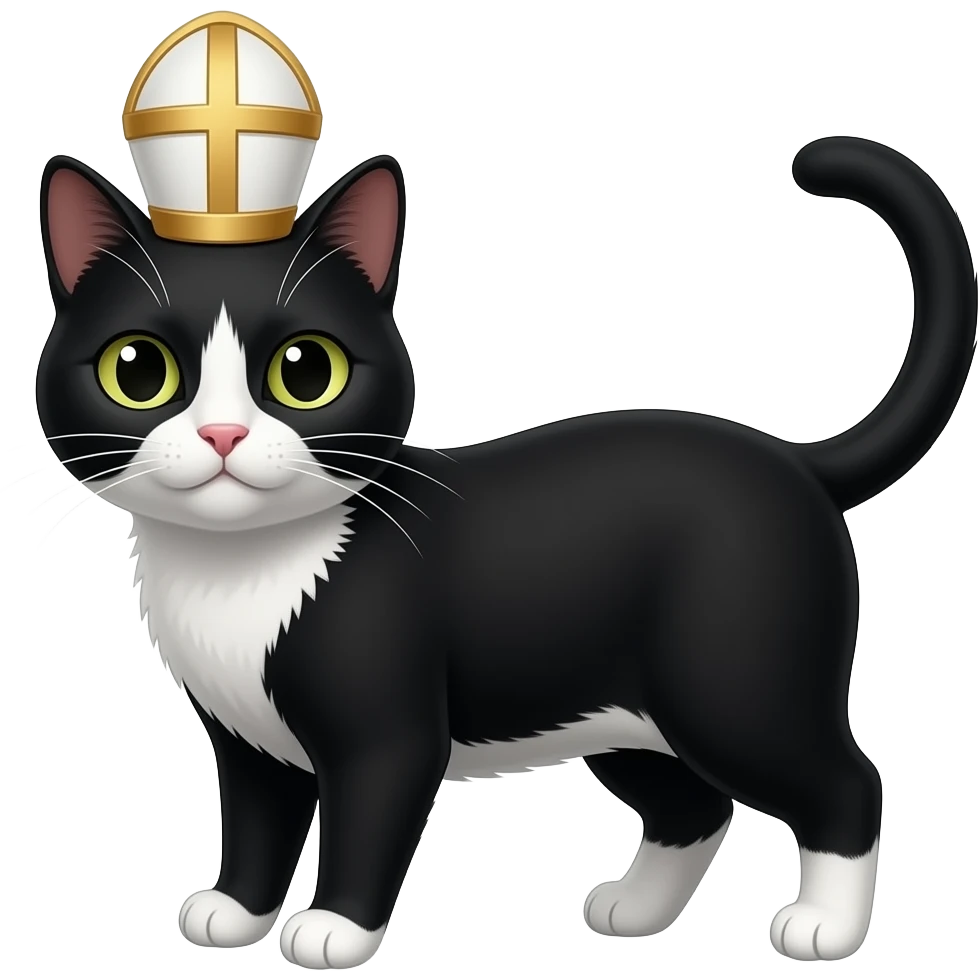 black cat with white patch wearing a pope hat emoji