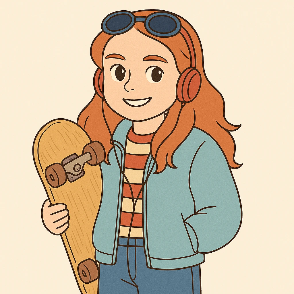 Max Mayfield from Stranger Things with iconic look: holding a skateboard, blue jacket, red headphones, red hair loose, smiling expression, simple line art, light pastel tones, thick outlines, Ghibli style, square 1:1 format. emoji