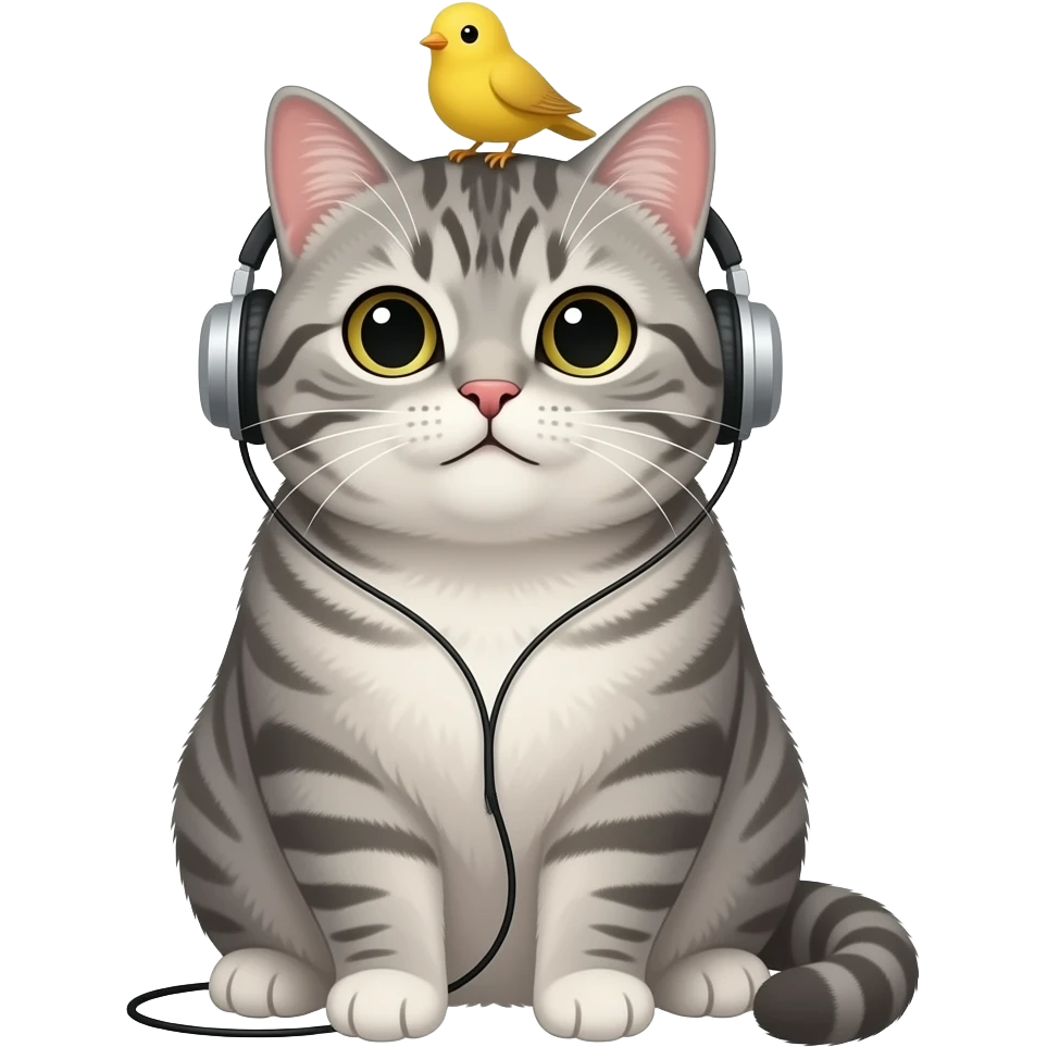 a cute loveable fat gray tabby cat with a small yellow bird on his head, listening to music in earphones. the image must be a transparent .png. no light or dark border or outer glow or stroke around the image contour emoji