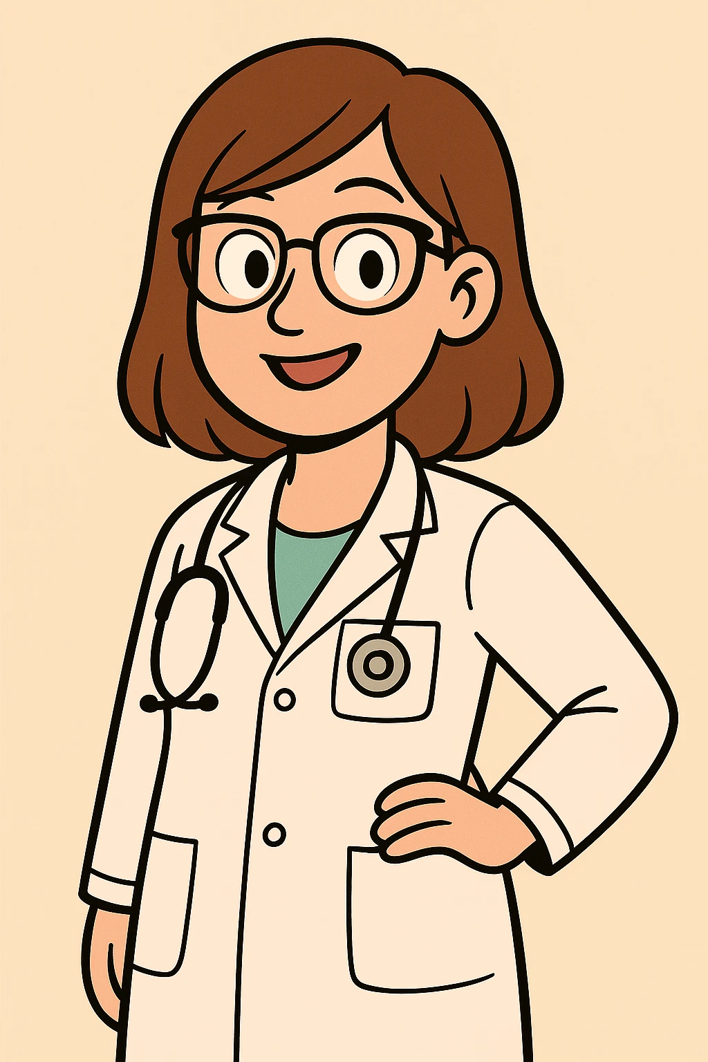 Female doctor with a different hairstyle, modern cartoon style, wearing a white coat and stethoscope, friendly expression. Maintain the modern cartoon style and medical theme. emoji