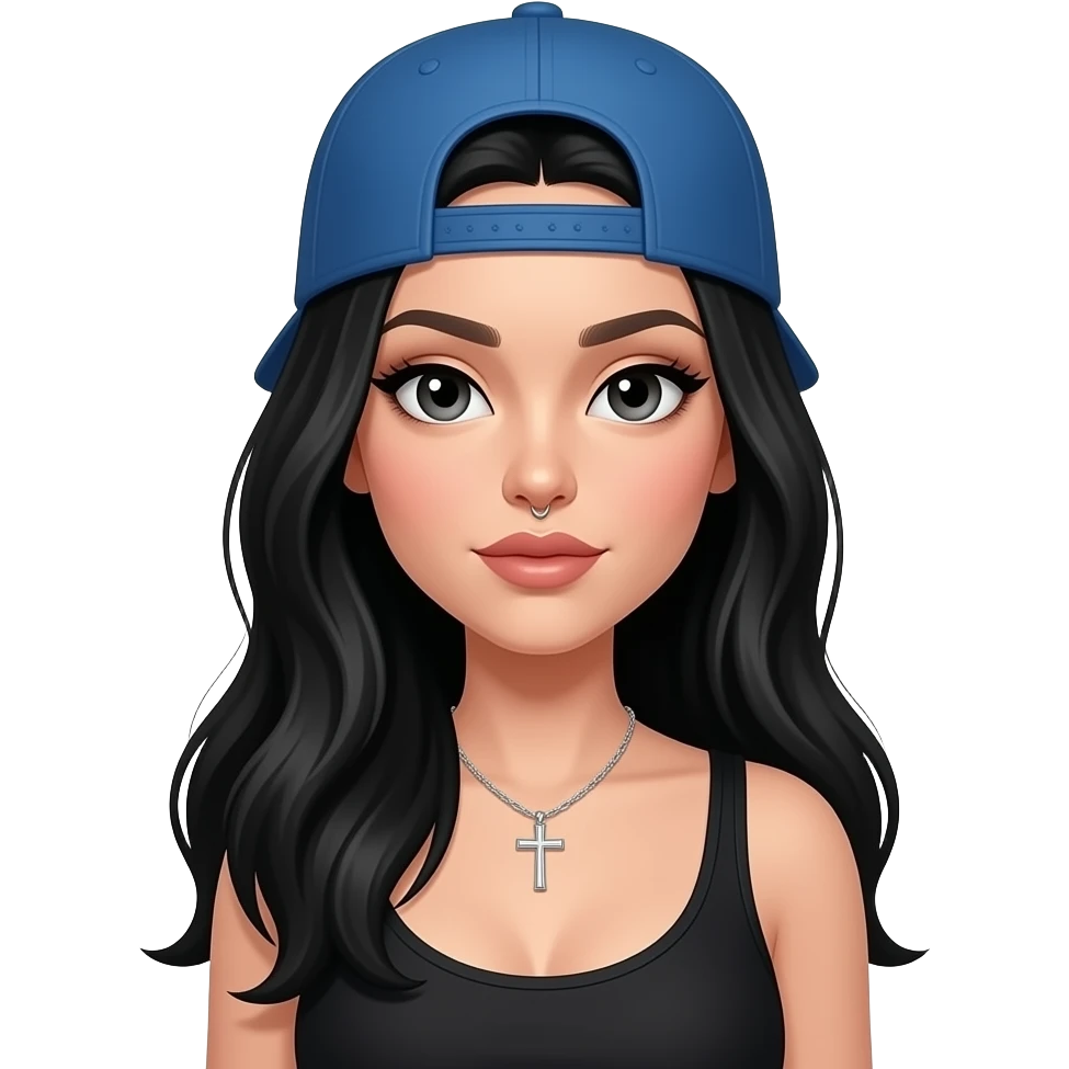 Faz uma mulher de cabelos longos e longos pretos, com cor de pele branca uma maquiagem bonita um piercing no nariz, um boné azul pra trás e com e um colar de uma cruz, e uma blusa de alcinha preta olhos grandes, emoji