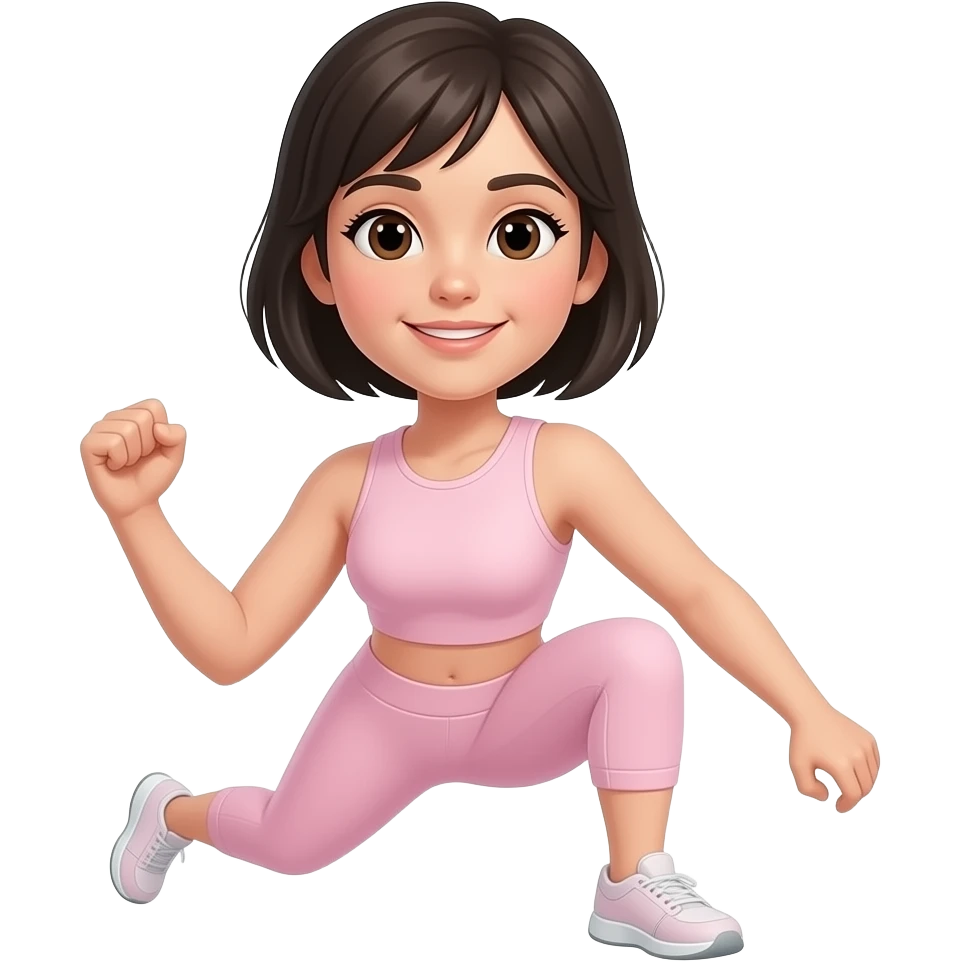 chica con ropa deportiva color rosa claro, de cabello oscuro y corto, con ojos color cafe, haciendo ejercicio emoji