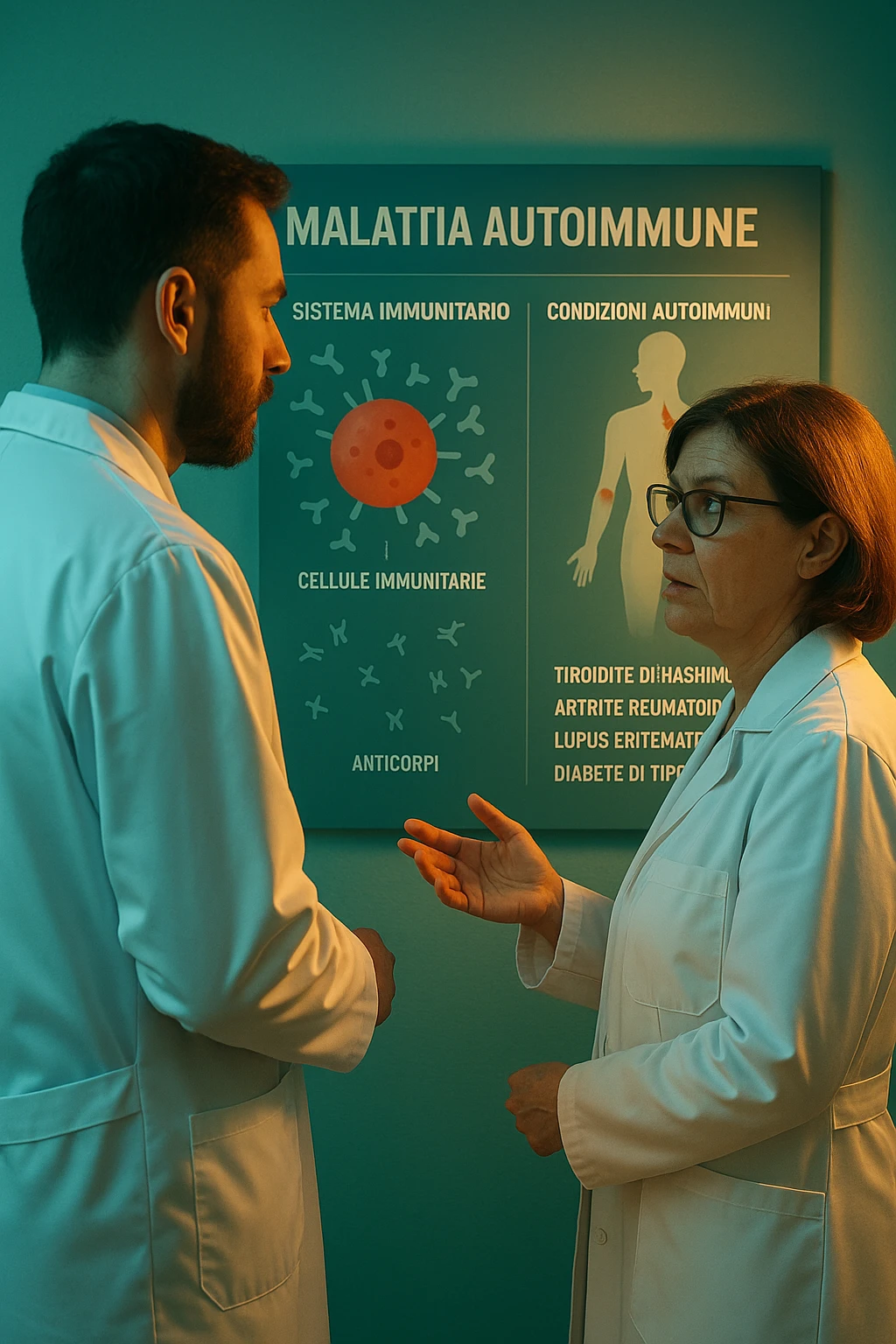 Realistic, detailed photo taken from behind of two doctors—a bearded man and a middle-aged woman—standing and facing each other as they discuss an autoimmune disease diagnosis in front of a medical chart that displays information about the immune system and autoimmune conditions. The scene is illuminated by a yellowish, orange, warm light that softly envelops the doctors. The entire room is bathed in a single green-blue color, creating a cohesive and modern atmosphere. Both doctors wear white coats, and their body language suggests a serious, professional conversation about the complexities of autoimmune diseases. Shot with a Canon EOS R5, with high detail and natural depth of field. in italiano emoji