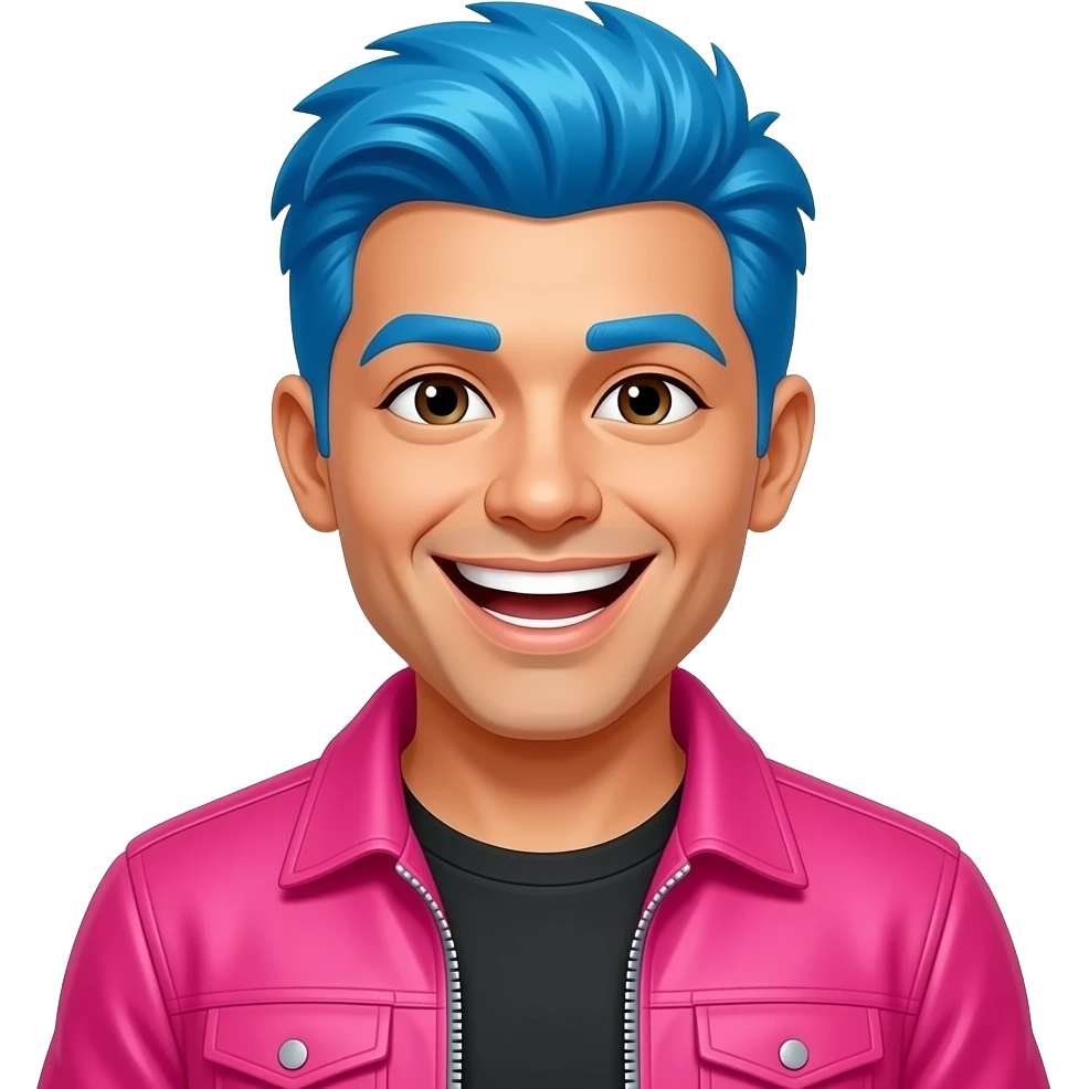 mexican male blue hair Dj with bright jacket, head phoes laughing emoji
