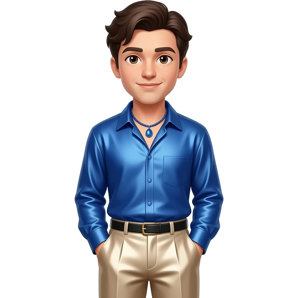 Jonathan Bailey with brown eyes, dark brown hair, cobalt blue metallic shirt, beige metallic wide leg pants, blue necklace emoji