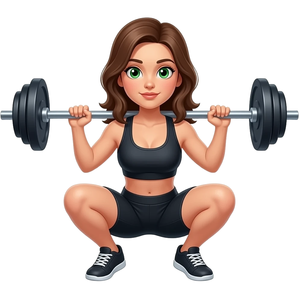 Can you make a young woman squatting with barbell weights, where she is holding the barbell on her shoulders? Where she has green eyes and medium long brown hair emoji