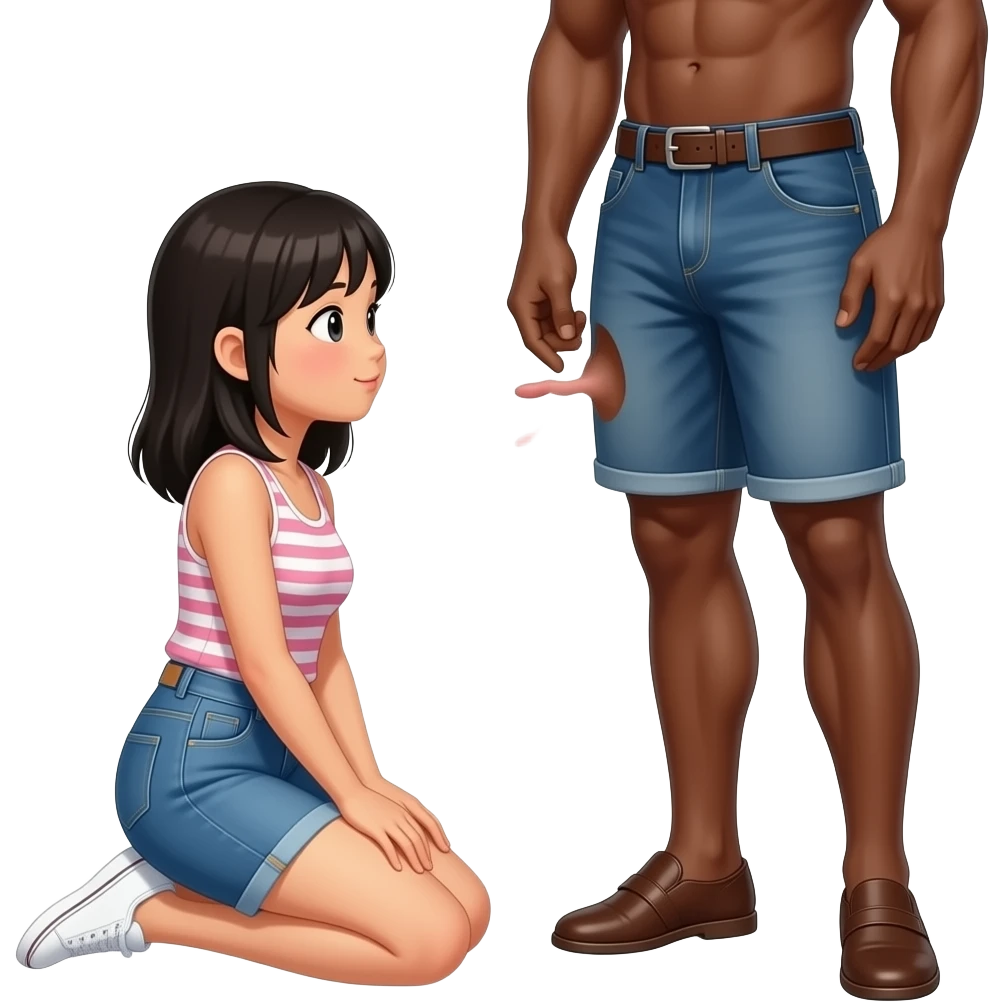 Asian girl kneeling before a black guy showing his penis emoji