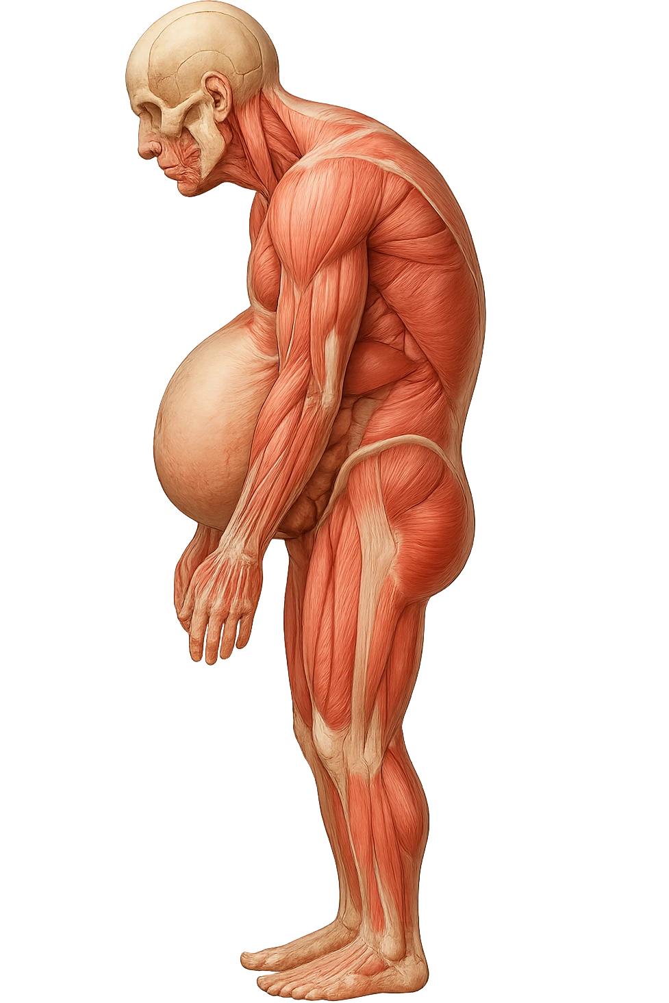 corpo umano anatomico realistico che si butta con la schiena e le spalle in avanti, pancia sporgente e postura delle spalle chiuse, isolato su sfondo bianco emoji