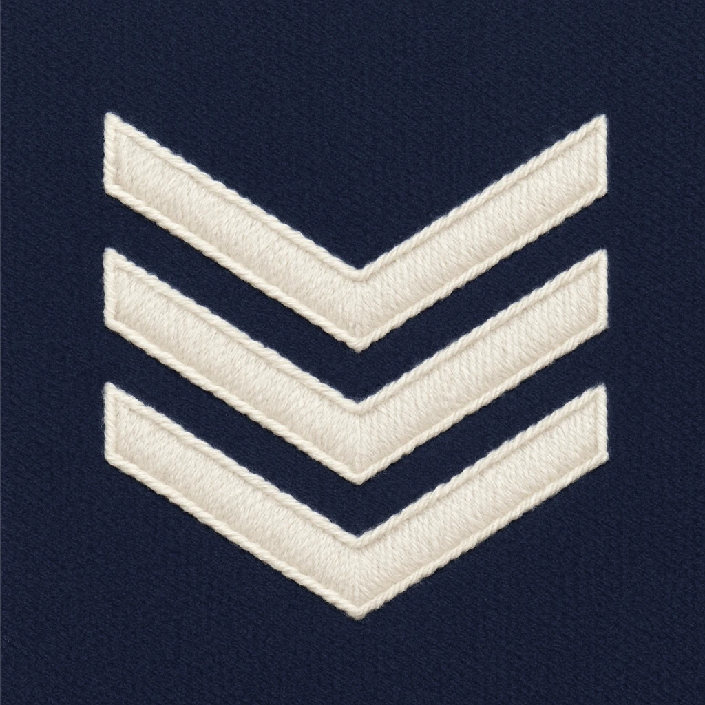 Make this U.S. Navy Seaman (E-3) insignia look more realistic with an authentic navy blue uniform background. The insignia should have three white diagonal stripes, detailed and accurate, resembling the official U.S. Navy Seaman (E-3) rank insignia. Focus on realism and authenticity in the design and colors. emoji