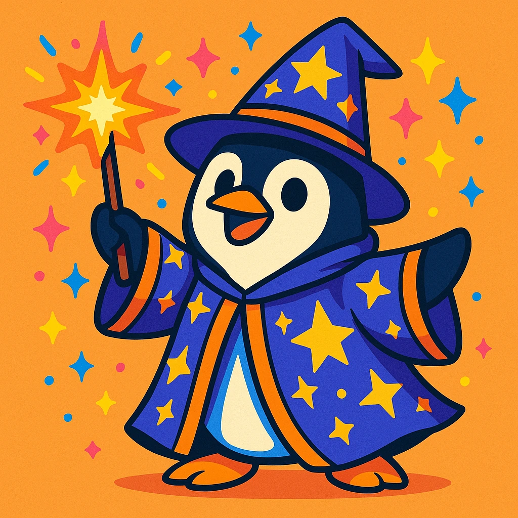 penguin wizard casting a spell with sparkles and a starry robe, colorful cartoon style emoji